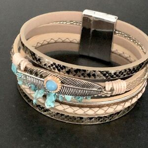 Coastal Meets Western Gold Tone Layered Cuff Bracelet with Faux Turquoise Stones